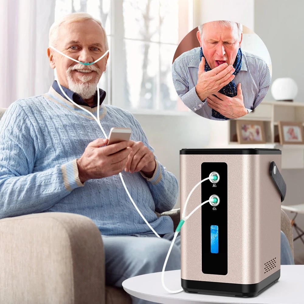 Adult user operating hydrogen inhalation machine during a calm home wellness session