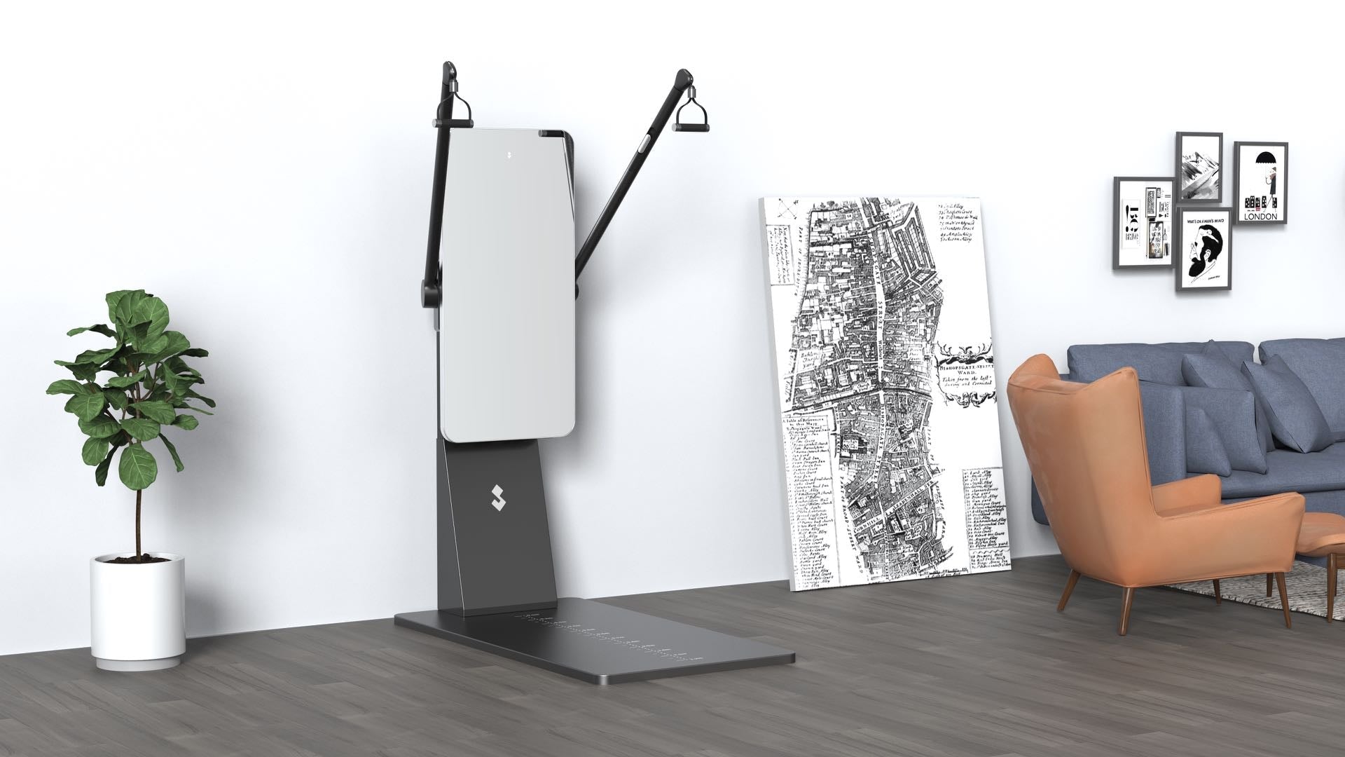 Interactive home gym mirror positioned upright with built-in touchscreen interface.