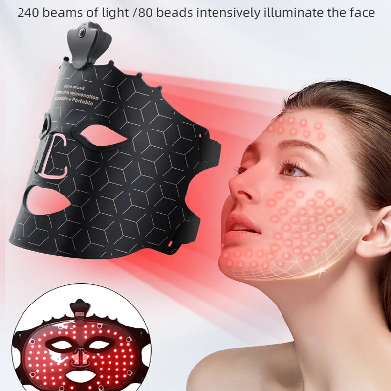 Close-up view of LED facial mask light exposure across facial skin area