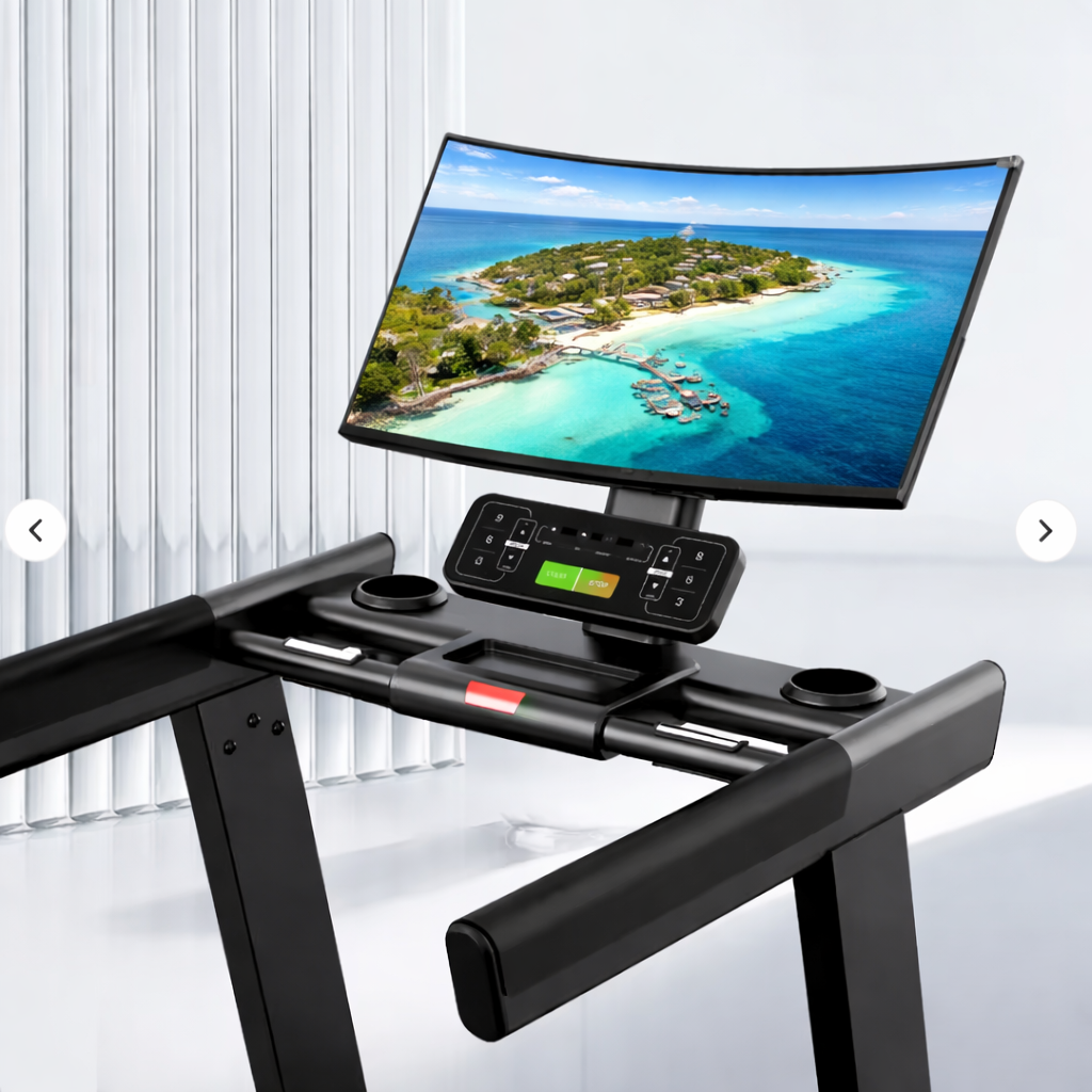 Large capacitive smart screen console on commercial treadmill displaying workout interface.