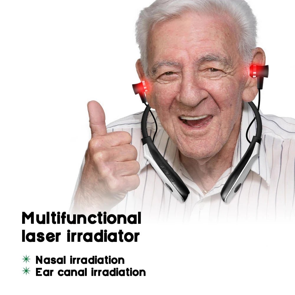 Neck-worn low-level laser ear therapy device used at home