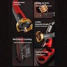 Hand grip strengthener featuring built-in mechanical repetition counter near handle base.
