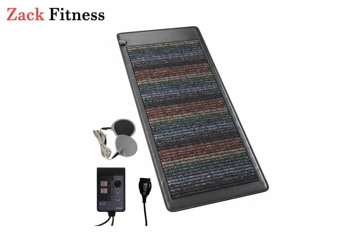 Person lying on full-body PEMF therapy mat with infrared heat at home, controller beside mat.