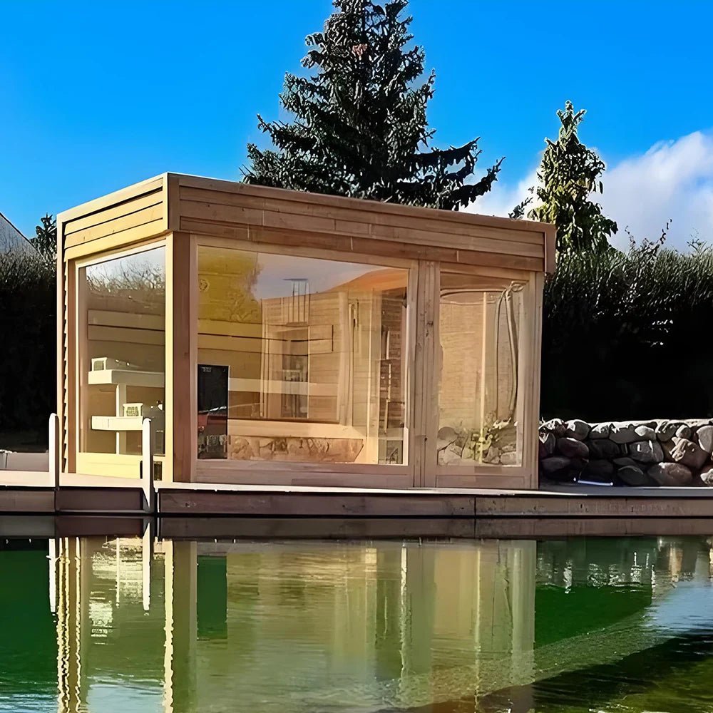 Front exterior view of premium indoor sauna cabin with tempered glass door and solid wood frame.