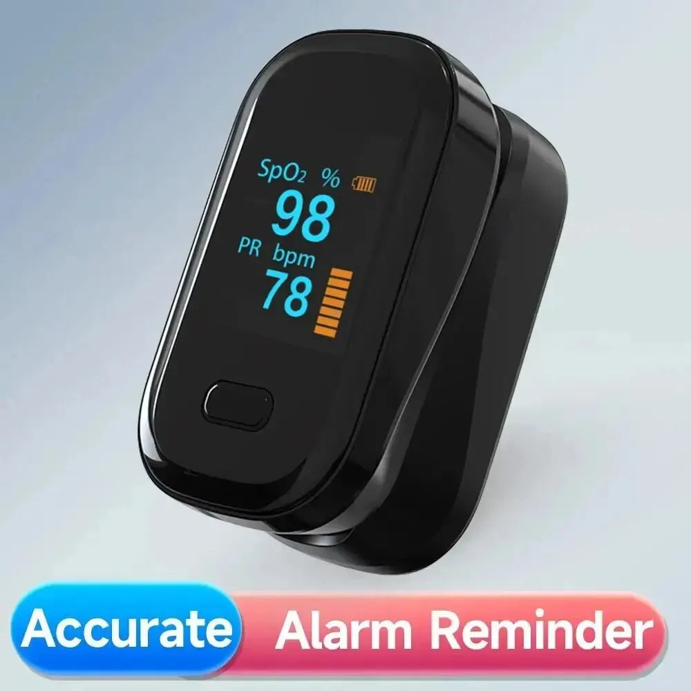 Professional fingertip pulse oximeter measuring SpO₂ and heart rate with OLED display

