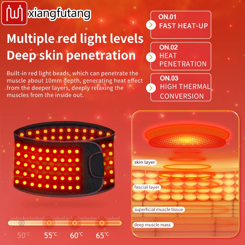 Red light therapy belt showing LED heating and light therapy technology for lower back support
