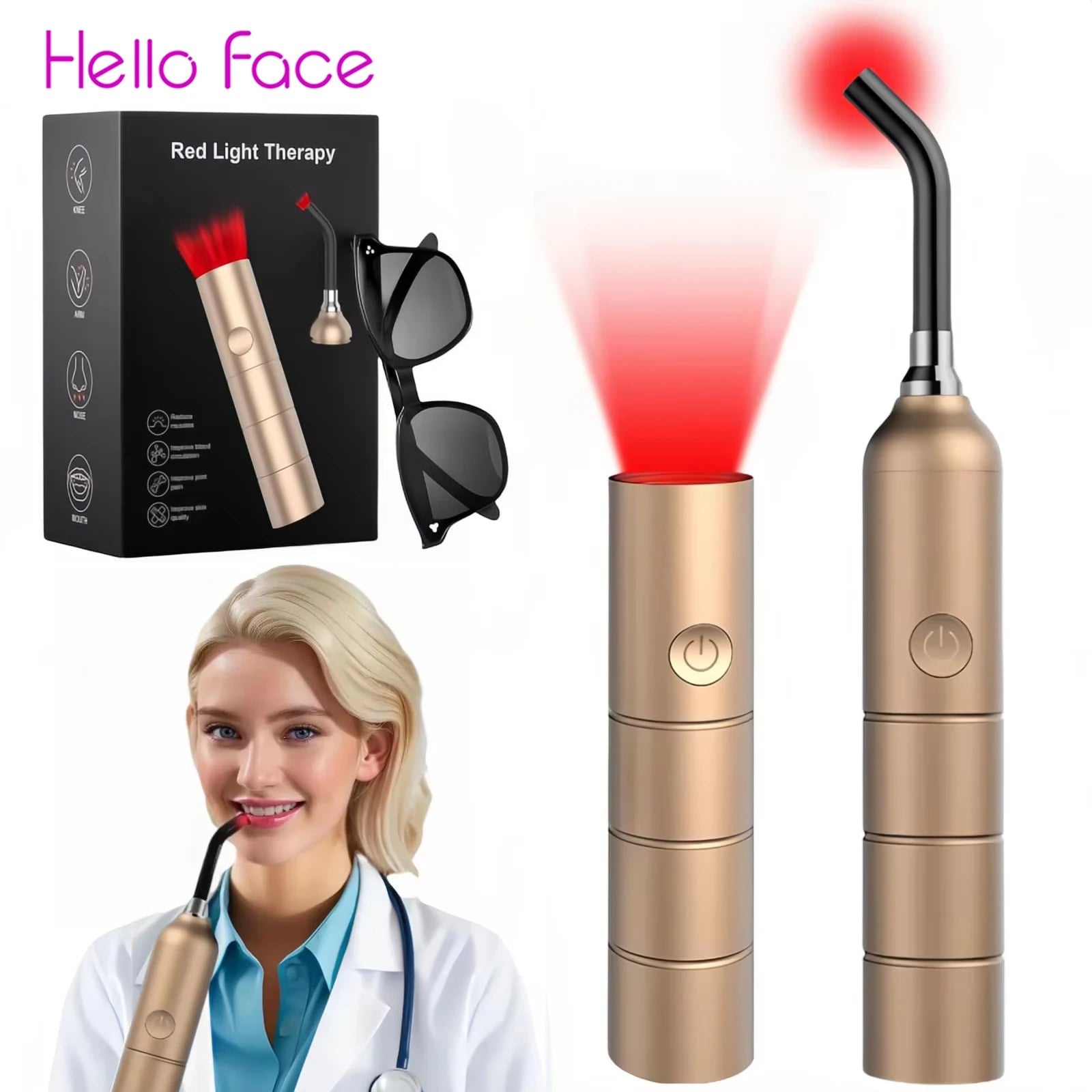 Handheld red light therapy wand with angled tip for facial and oral wellness use