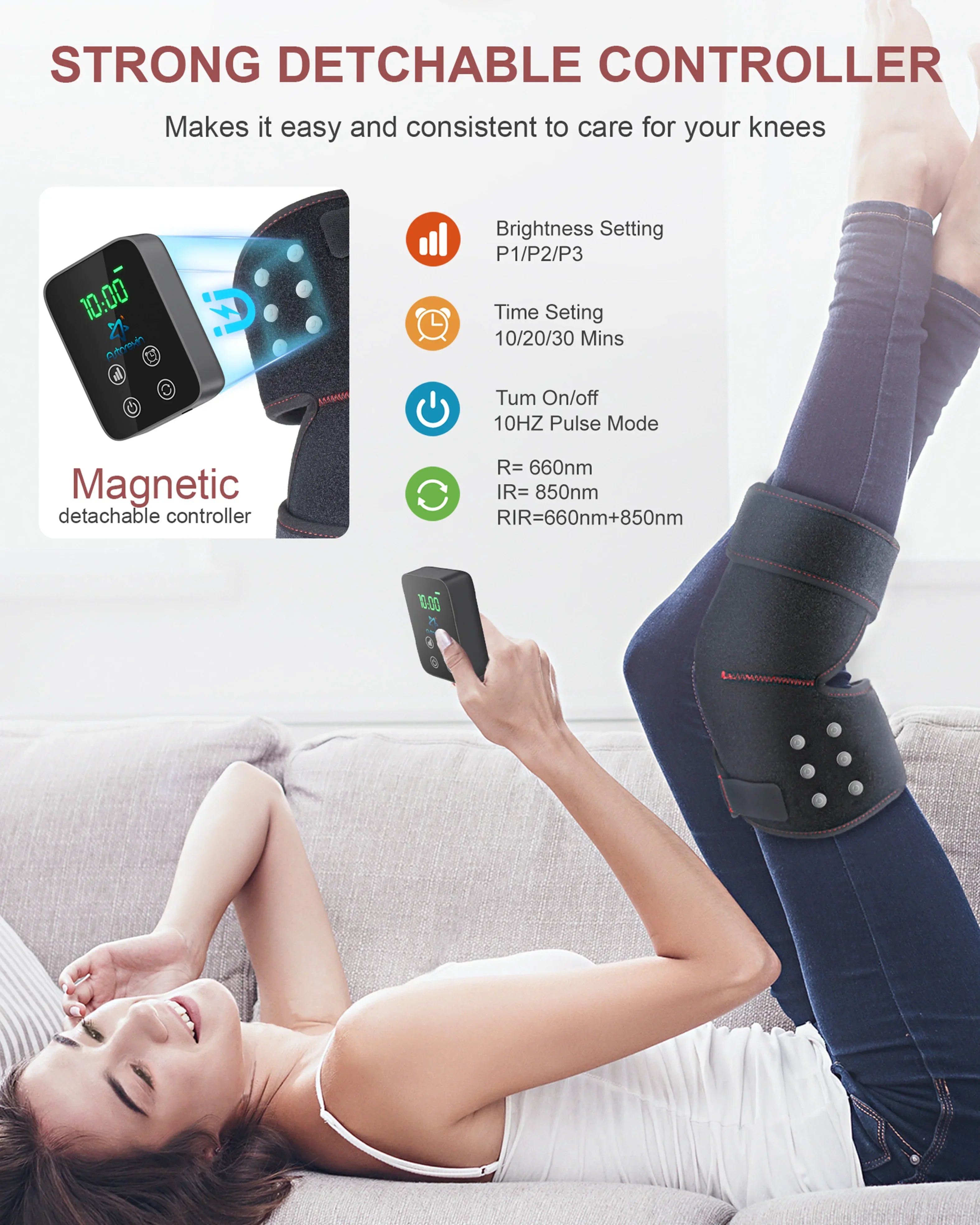 Control panel of red light therapy knee pad showing settings and modes