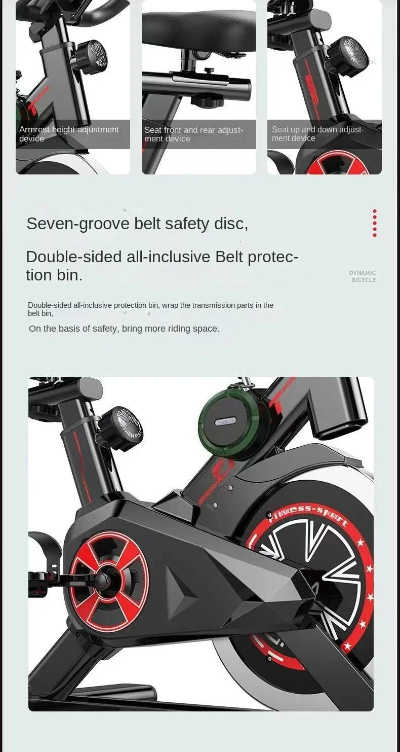 Silent Power Spin Bike feature highlights showing quiet operation durability and full body cardio benefits