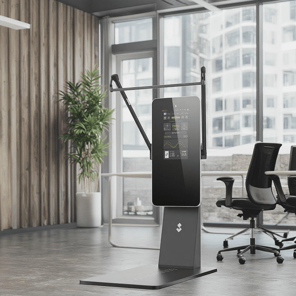 Smart fitness mirror home gym system with integrated touch display and resistance training cables.