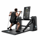 Smart home gym machine with adjustable arms used for full body strength training at home