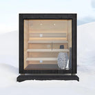 Indoor sauna cabin configured with steam generator system for hybrid heat sessions.