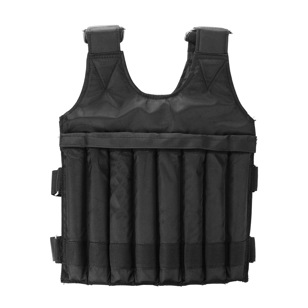 Front view of tactical-style adjustable weighted vest with evenly distributed weight pockets.