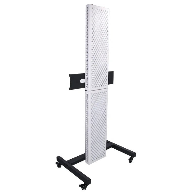 Whole body red light therapy panel mounted on adjustable standing frame for easy positioning