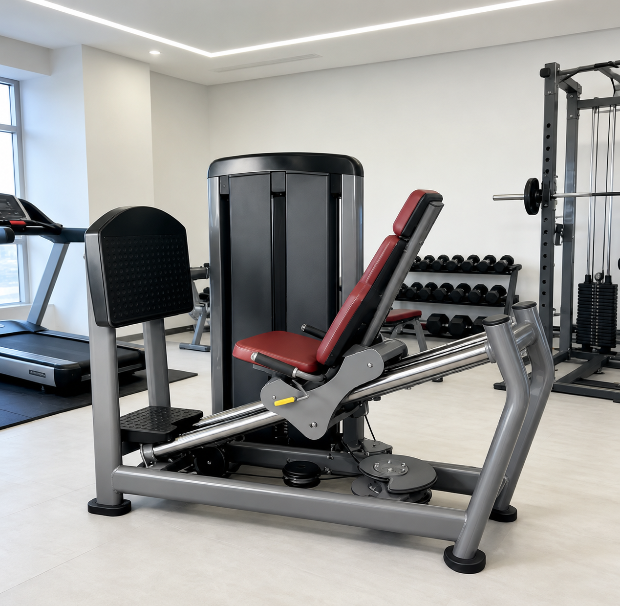 Commercial seated leg press machine installed in a bright premium gym