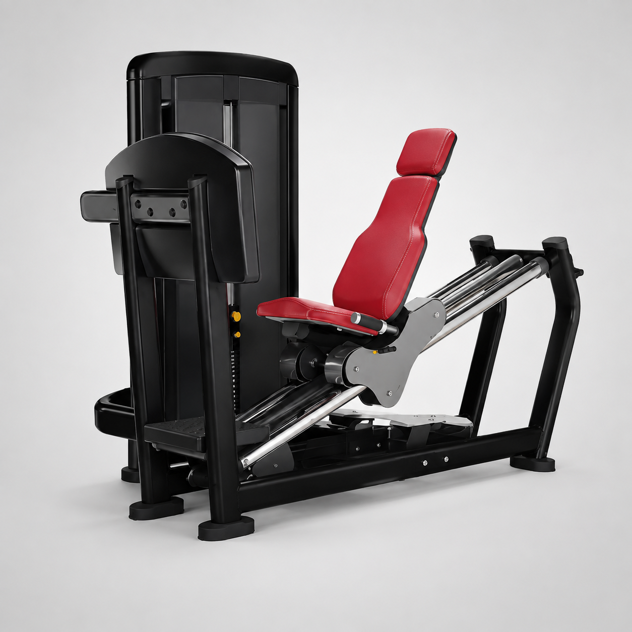 Commercial seated horizontal leg press machine with black frame and red upholstery