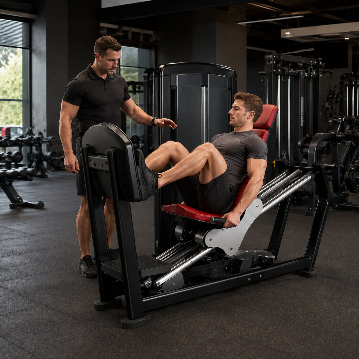 Personal trainer coaching a client using a commercial seated leg press machine