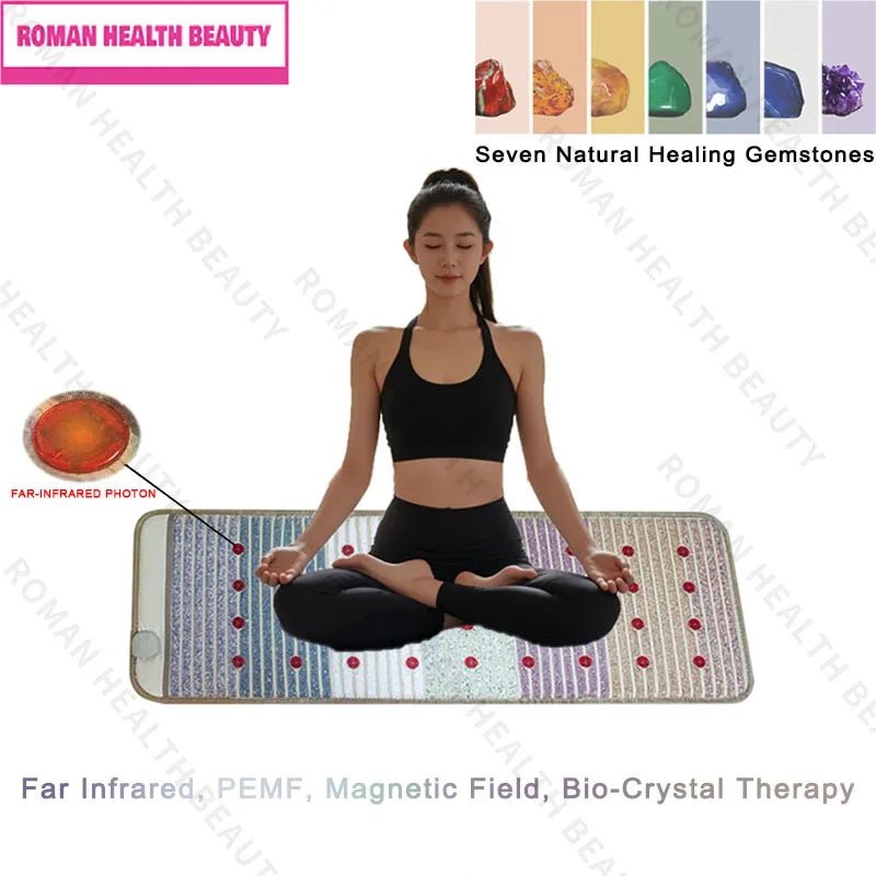 Woman meditating on a full body far infrared PEMF therapy mat with bio-crystal gemstones for relaxation and wellness