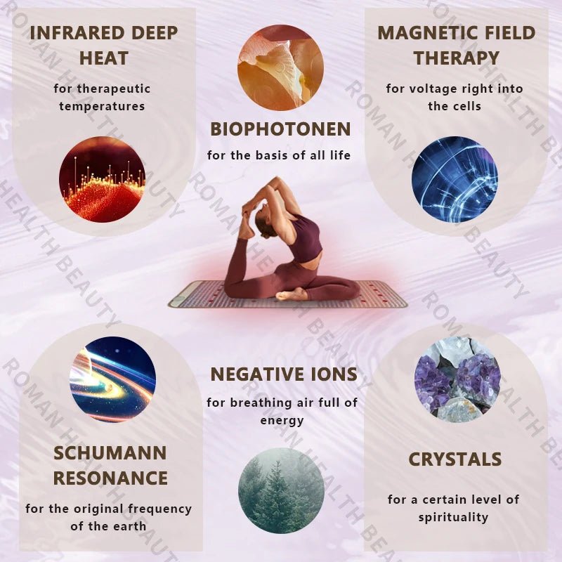Infrared PEMF bio-crystal mat shown during a calm meditation session supporting relaxation and balance