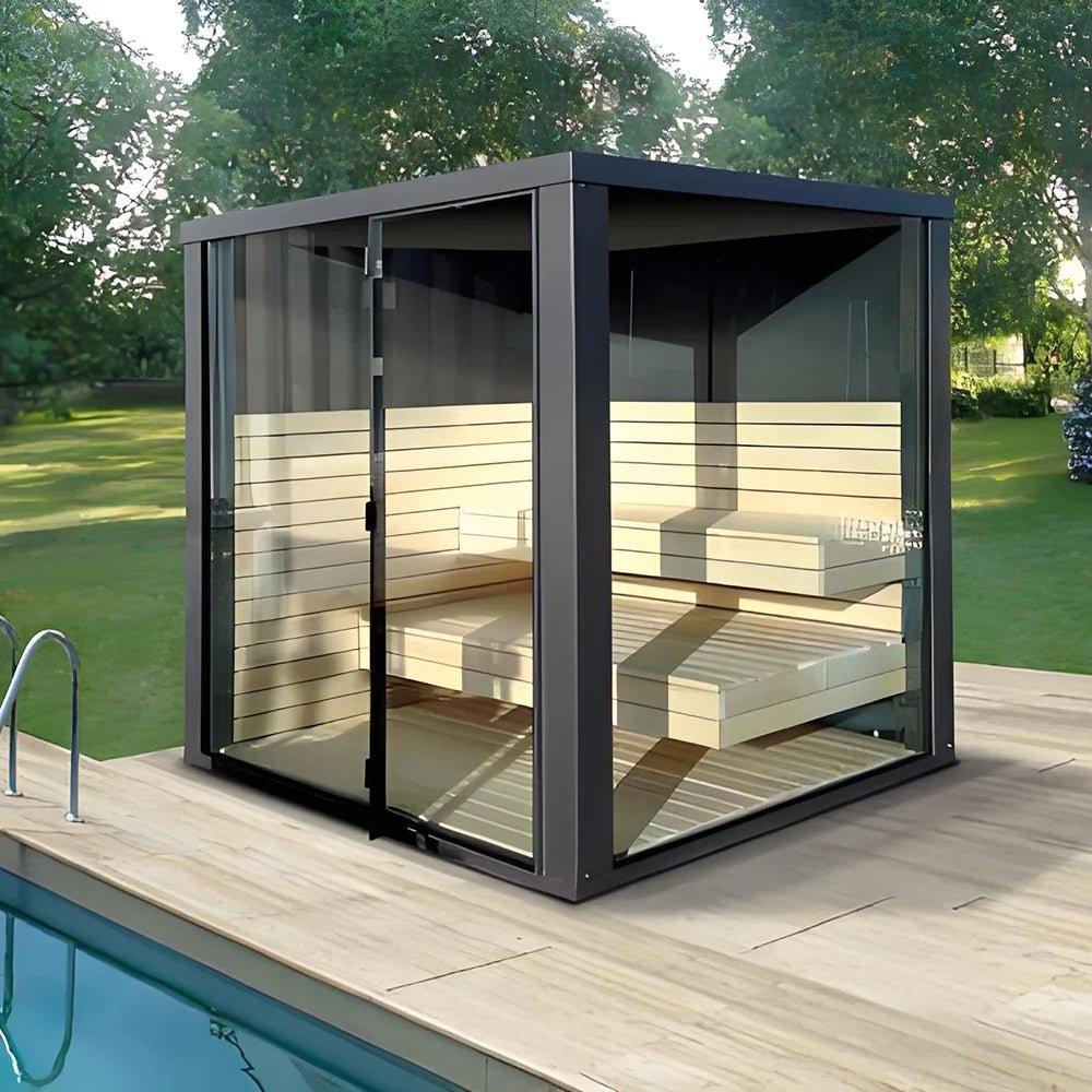 Modern glass sauna cabin supporting relaxation, recovery, circulation and long-term wellness routines.