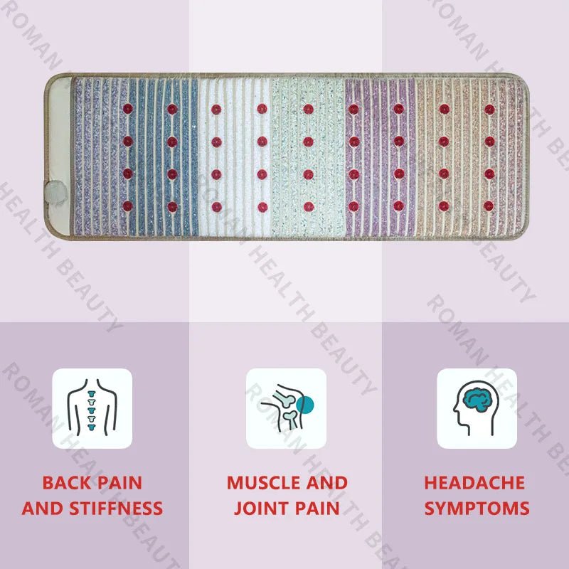 Far infrared PEMF wellness mat featuring natural gemstones used for relaxation and circulation support