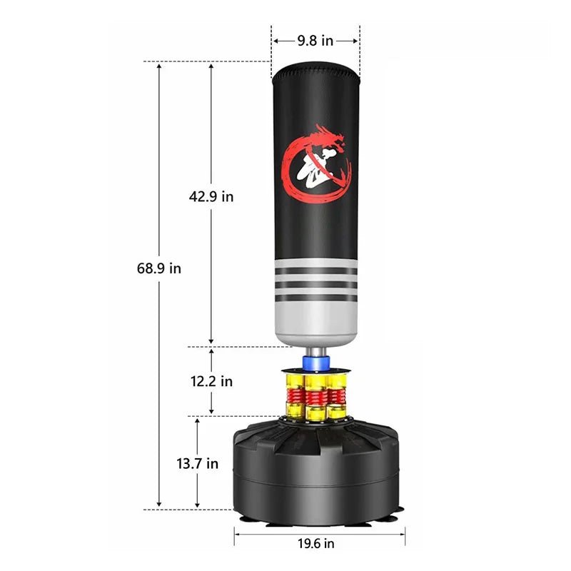Free standing punching bag showing height and size dimensions