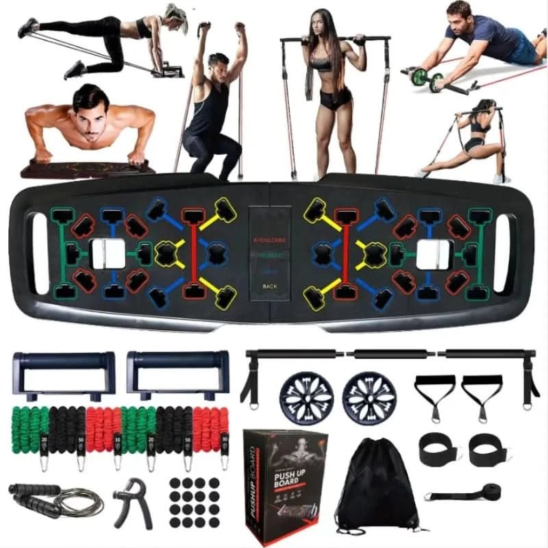 Portable home gym system with push up board resistance bands and full body workout accessories