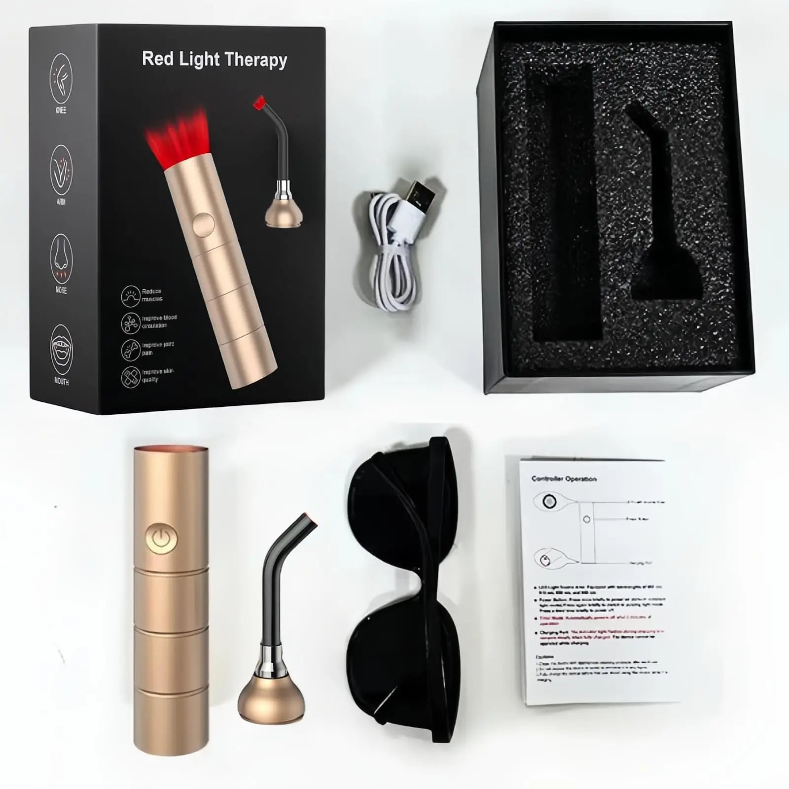 Red light therapy device charging via USB cable