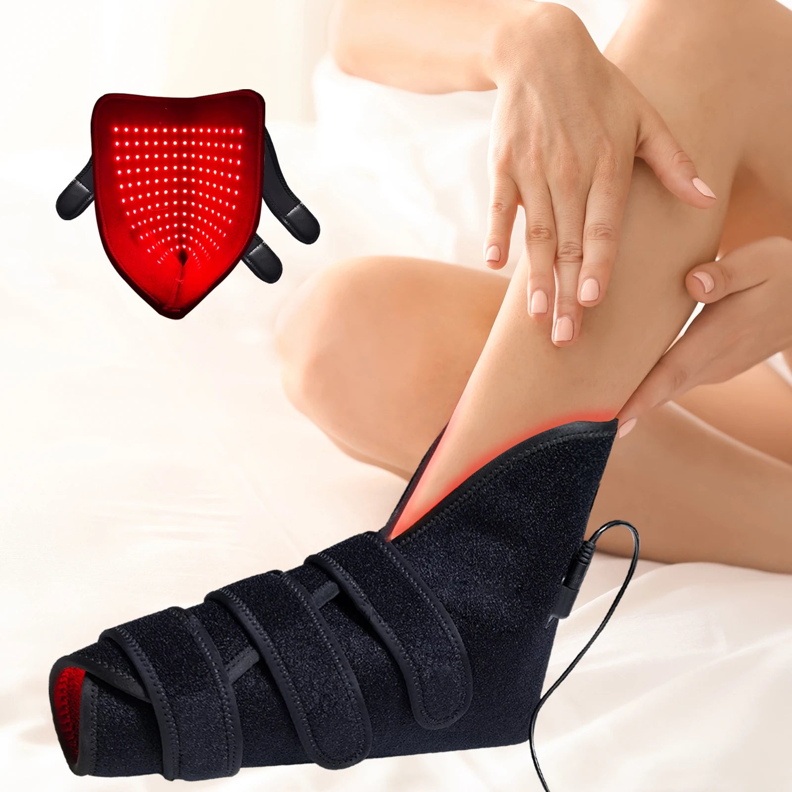 Red light therapy foot wrap worn on foot for pain relief and recovery